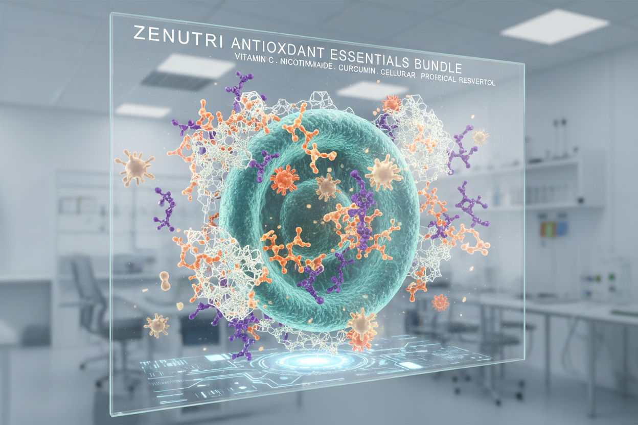 Transparent box labeled 'Zenutri Antioxidant Essentials Bundle' with molecular structures on a blurred laboratory background.