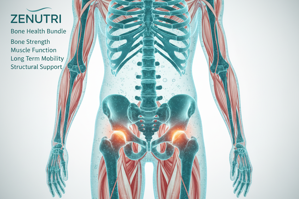 Anatomical illustration of a human body with highlighted bones and muscles, featuring Zenutri branding.