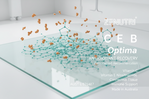 Advertisement for ZENUTRI C E B Optima with molecular structure and text on a glass surface.