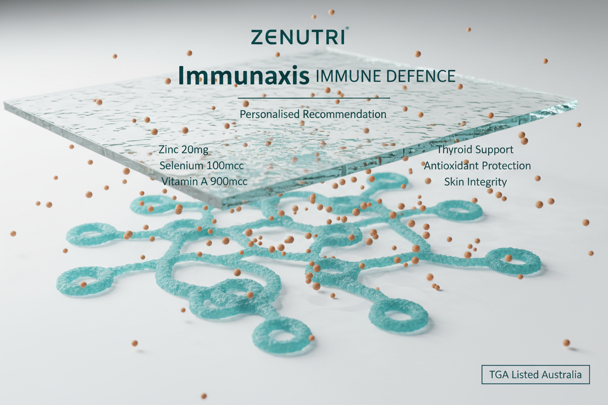 Zenutri Immunaxis Immune Defence supplement packaging with ingredients and benefits on a light gray background.