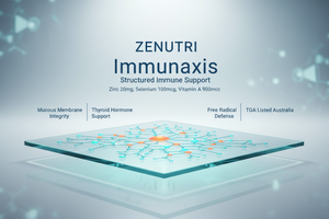 Zenuetri Immunaxis product with molecular structure illustration on a light blue background