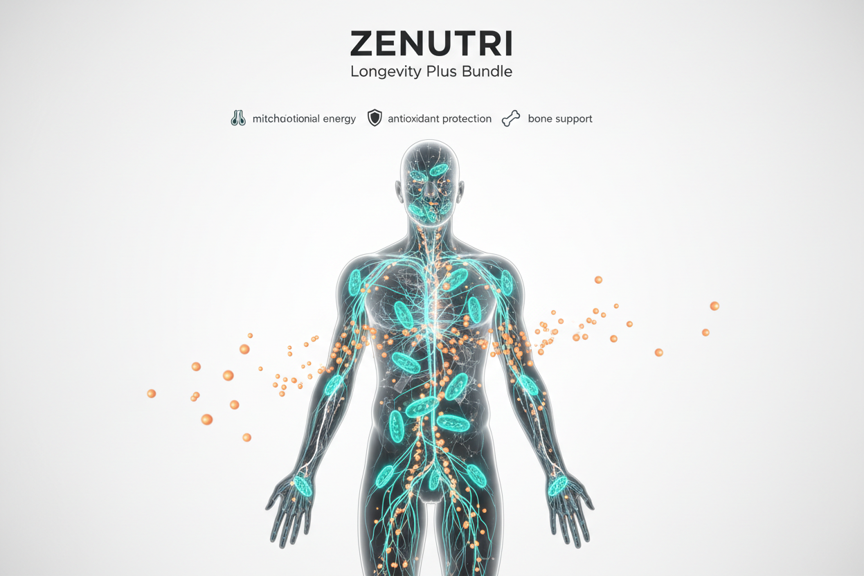 Zenutri product advertisement with a human body illustration and health benefits text on a white background