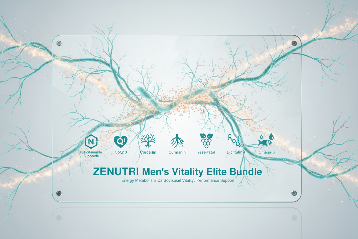 ZENUTRI Men's Vitality Elite Bundle packaging with tree branch design on a light blue background