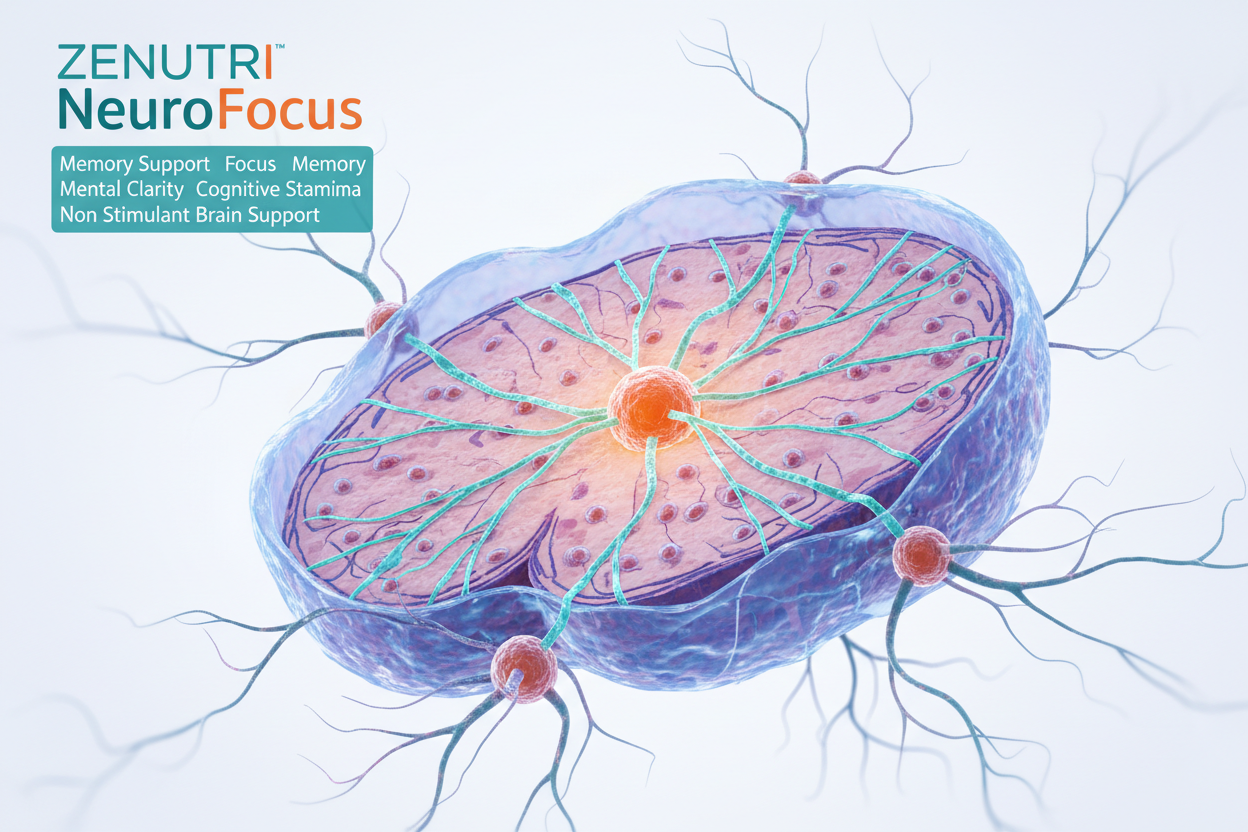 Illustration of a neuron with 'Zenutri NeuroFocus' text on a light background