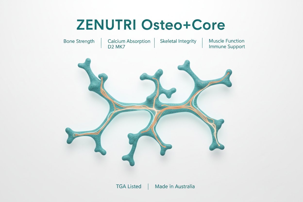 ZENUTRI Osteo+Core product with bone structure illustration on a white background