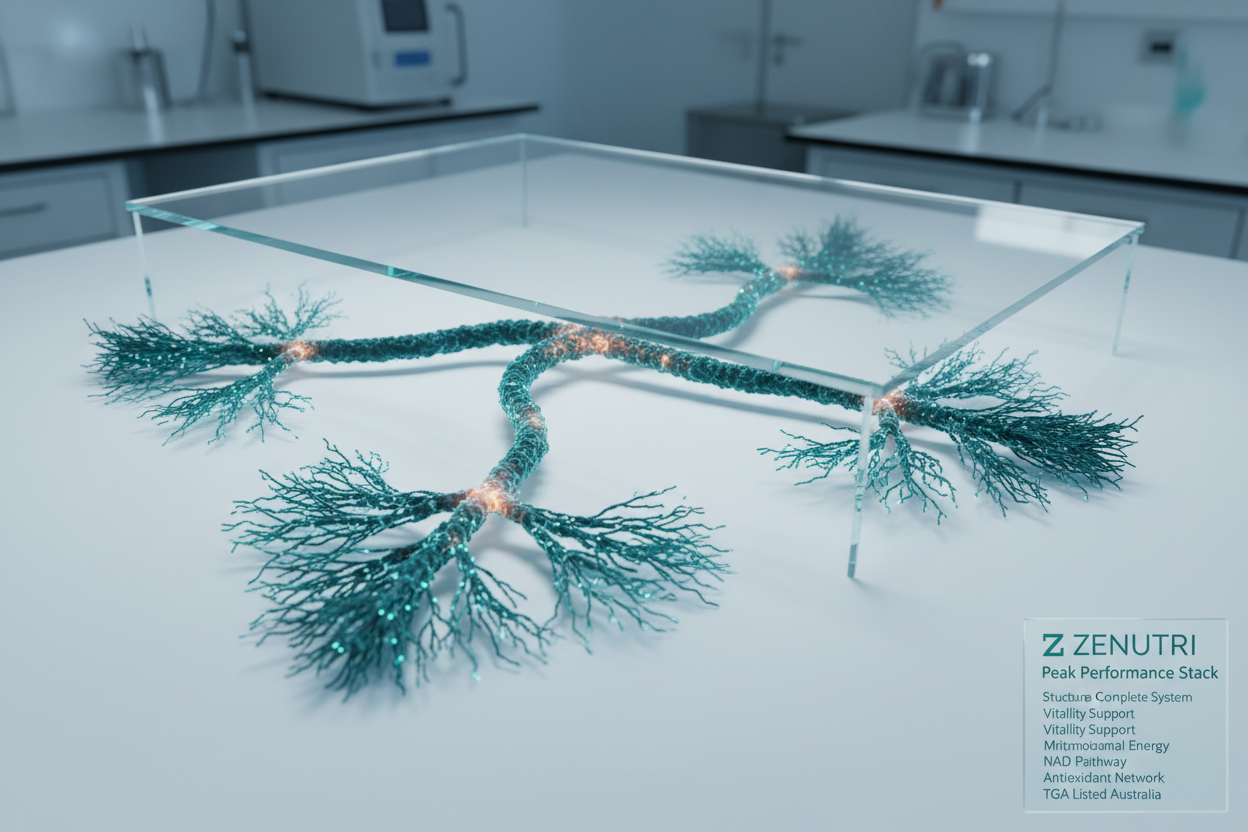 Model of lungs on a clear stand with 'ZENUTRI' branding in a laboratory setting