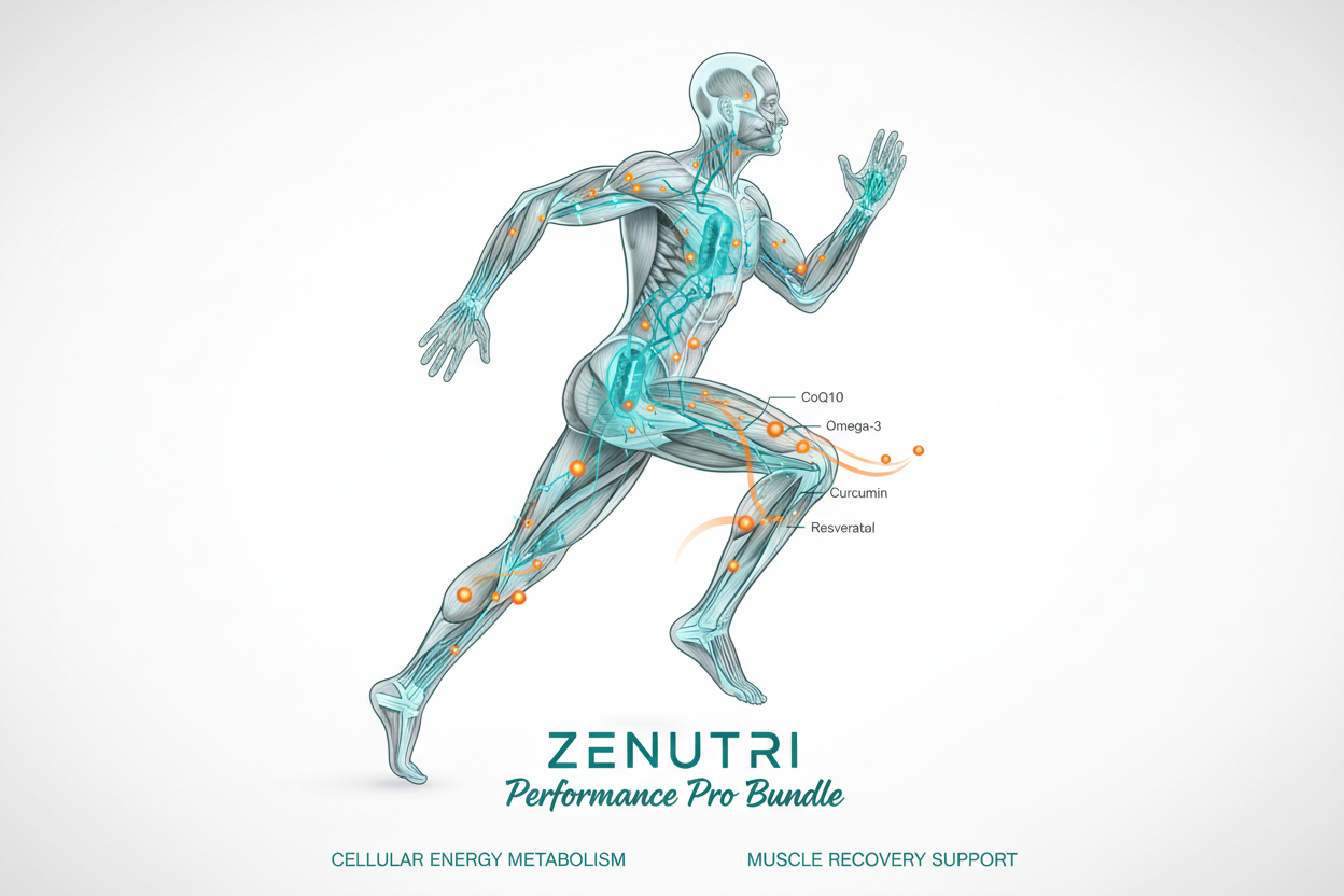 Human body illustration with highlighted energy points and Zenutri branding on a white background
