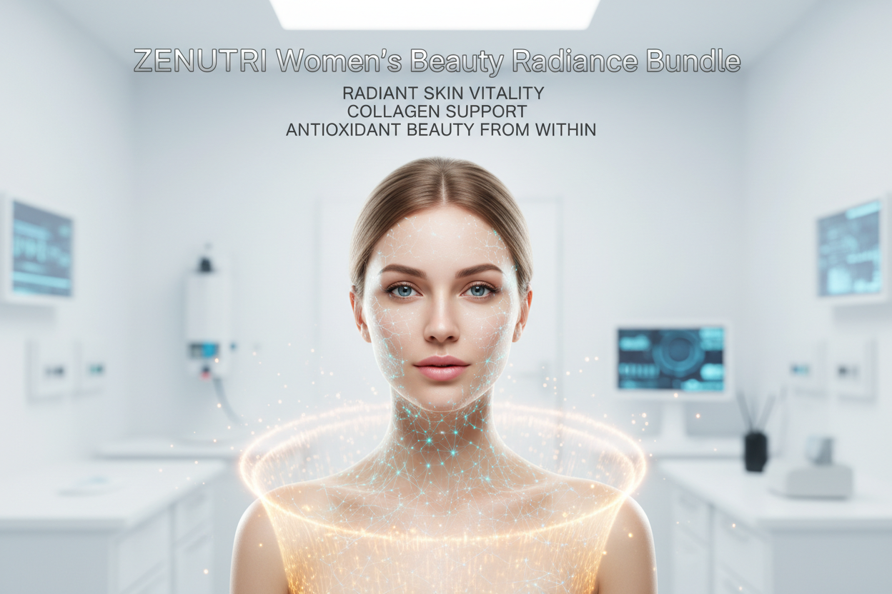 Woman with glowing skin in a futuristic setting, promoting ZENUTRI Women's Beauty Radiance Bundle.
