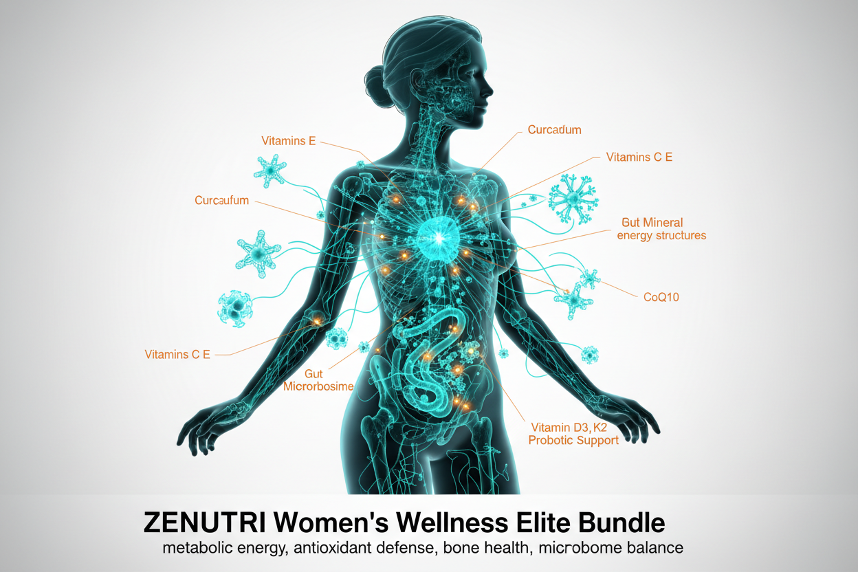 Diagram of a woman's body with health benefits highlighted, promoting ZENUTRI Women's Wellness Elite Bundle.