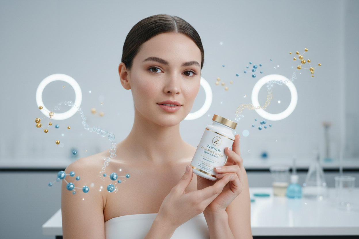 Woman holding a supplement container with molecular graphics around her