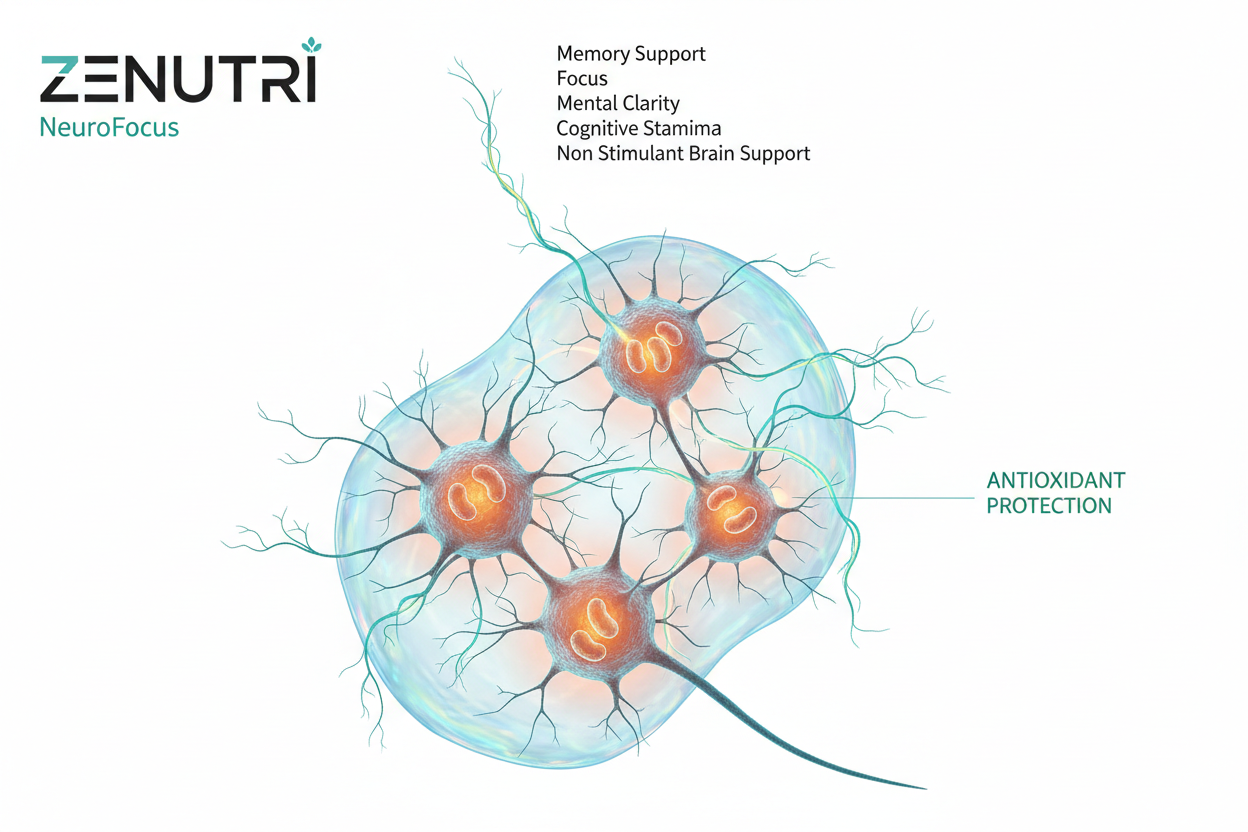 Diagram of neurons with Zenutri NeuroFocus branding and neuroenhancement benefits listed.