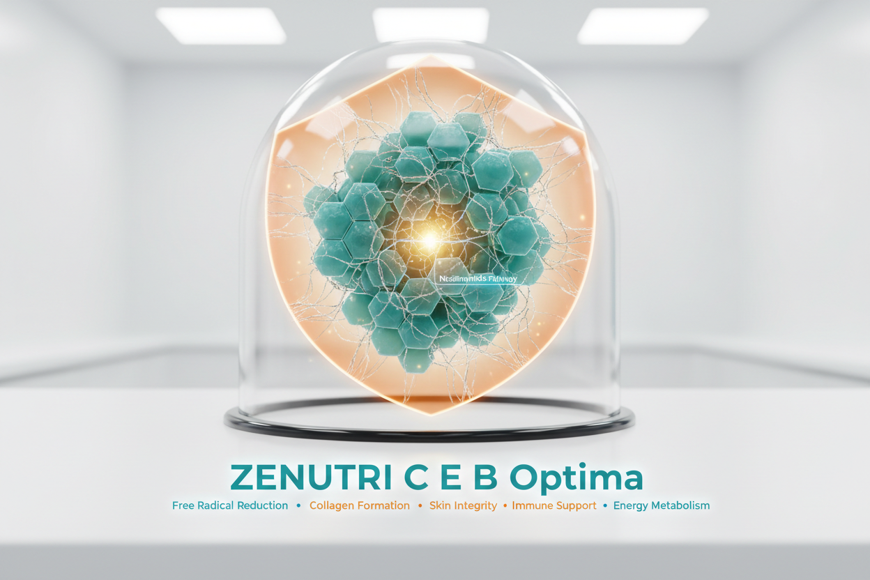Transparent dome over a geometric design with 'ZENUTRI C E B Optima' text on a white background