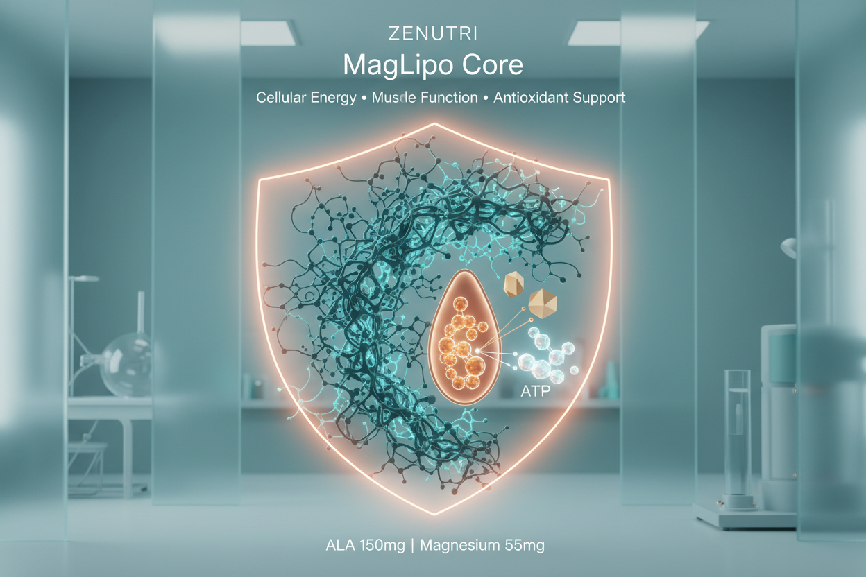 Zenutri MagLipo Core product with molecular structure illustration in a futuristic lab setting.