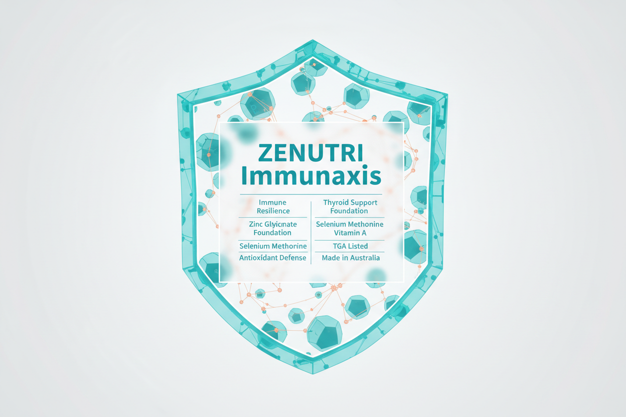 Zenutri Immunaxis product label on a shield-shaped background with molecular structures.