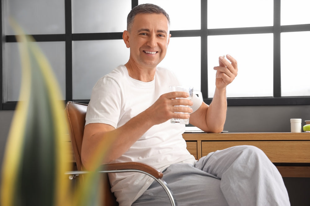 Middle Aged Man Holding  galls Of water and about to take Zenturi Cardio Bundles  vitamin pill 