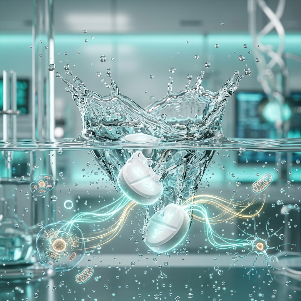 Acetyl L-Carnitine tablets dissolving in liquid representing metabolic energy and antioxidant activity — alternate view