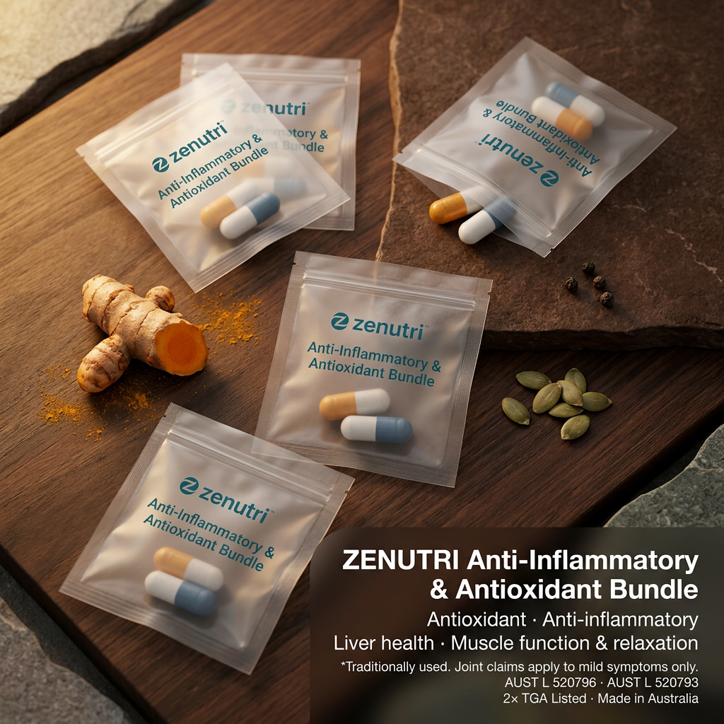 Zenutri Anti-Inflammatory & Antioxidant Bundle — daily sealed packs — antioxidant, anti-inflammatory, liver health, muscle function and cardiovascular health support — AUST L 520796, 520793 — Made in Australia