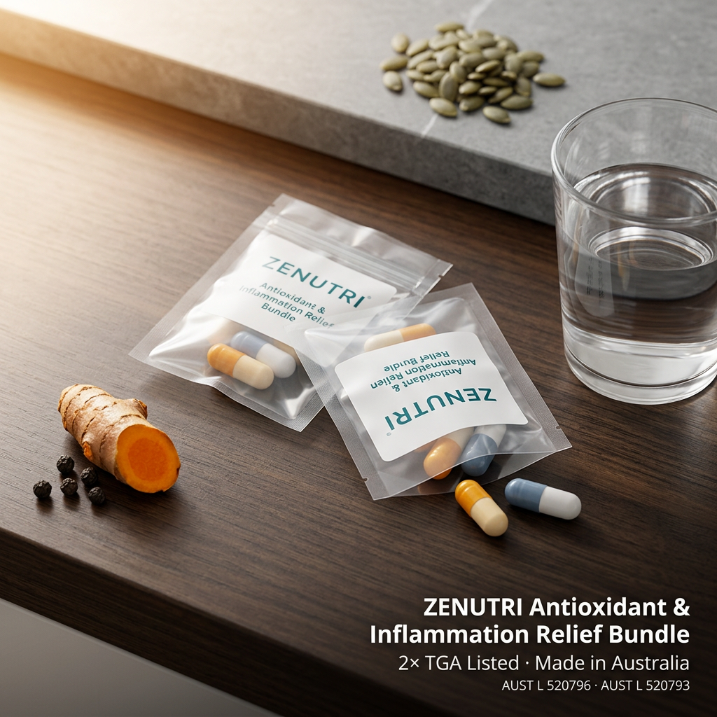 Zenutri Antioxidant & Inflammation Relief Bundle daily sealed packs on a warm earthy morning surface — AUST L 520796, 520793 — Made in Australia