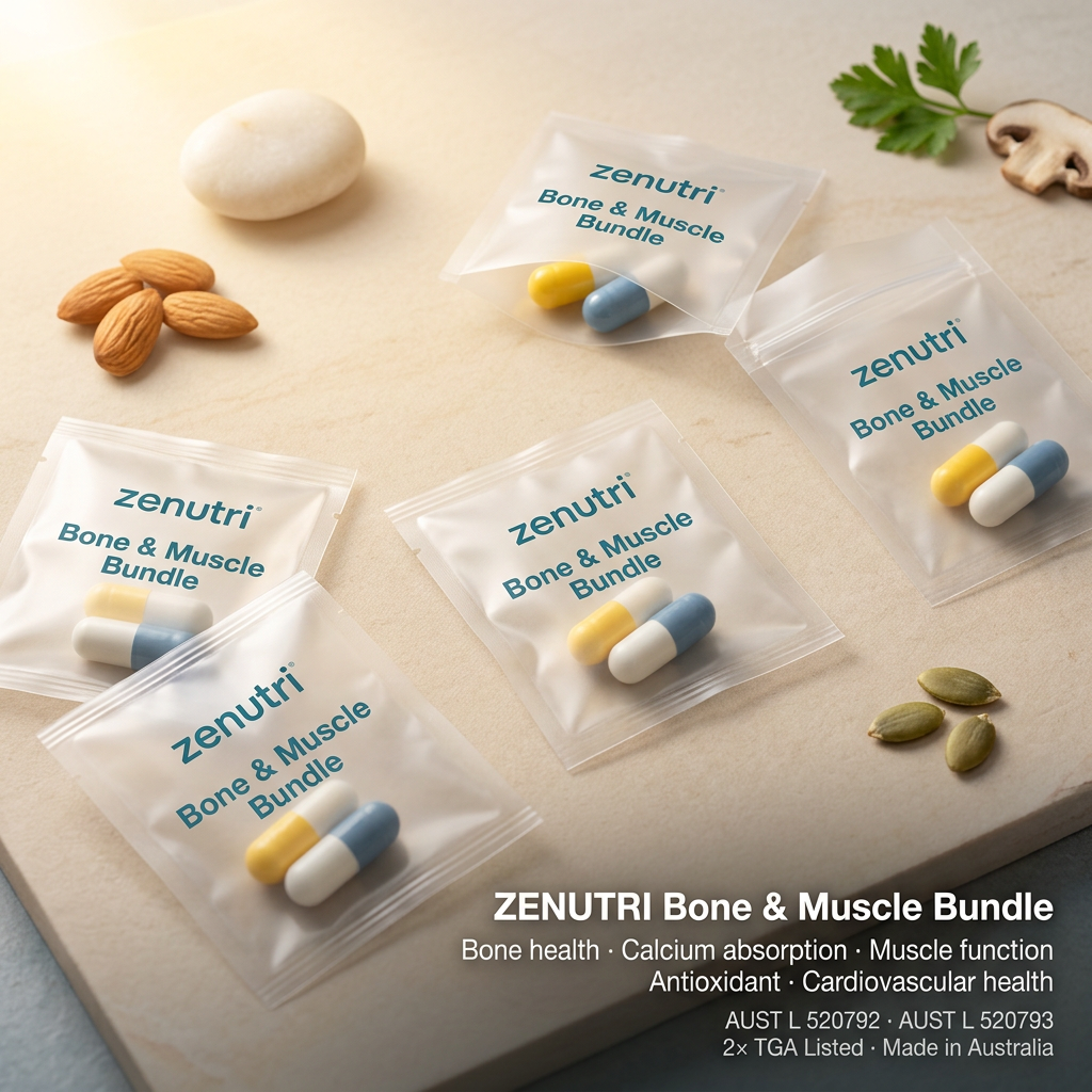 Zenutri Bone & Muscle Bundle — daily sealed packs — bone health, calcium absorption, muscle function, antioxidant and cardiovascular health support — AUST L 520792, 520793 — Made in Australia