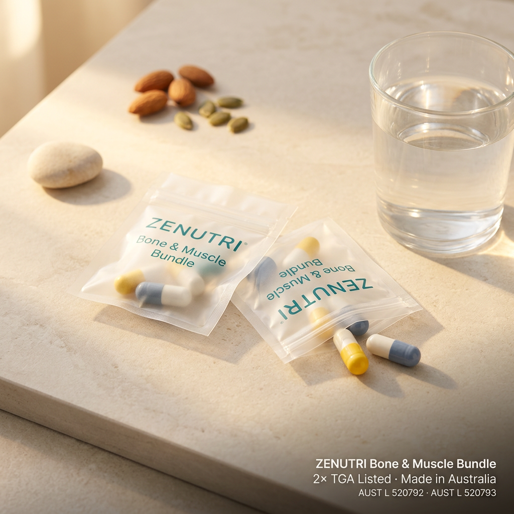 Zenutri Bone & Muscle Bundle daily sealed packs in a warm golden morning setting — AUST L 520792, 520793 — Made in Australia