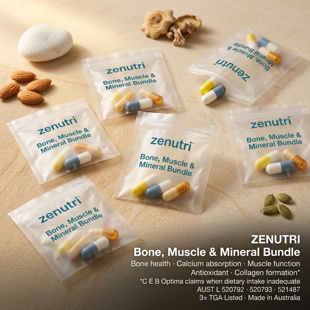 Zenutri Bone, Muscle & Mineral Bundle — daily sealed packs — bone health, calcium absorption, muscle function, antioxidant and collagen formation support — AUST L 520792, 520793, 521487 — Made in Australia