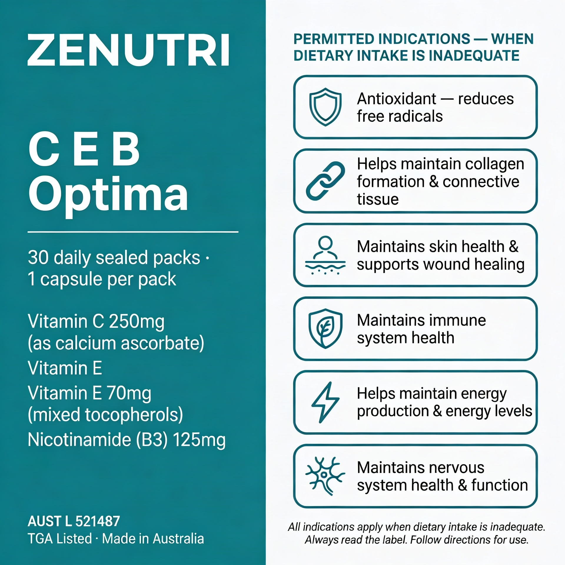 Zenutri C E B Optima benefits panel — antioxidant, collagen formation, skin health, immune system health, nervous system function — AUST L 521487 — Made in Australia