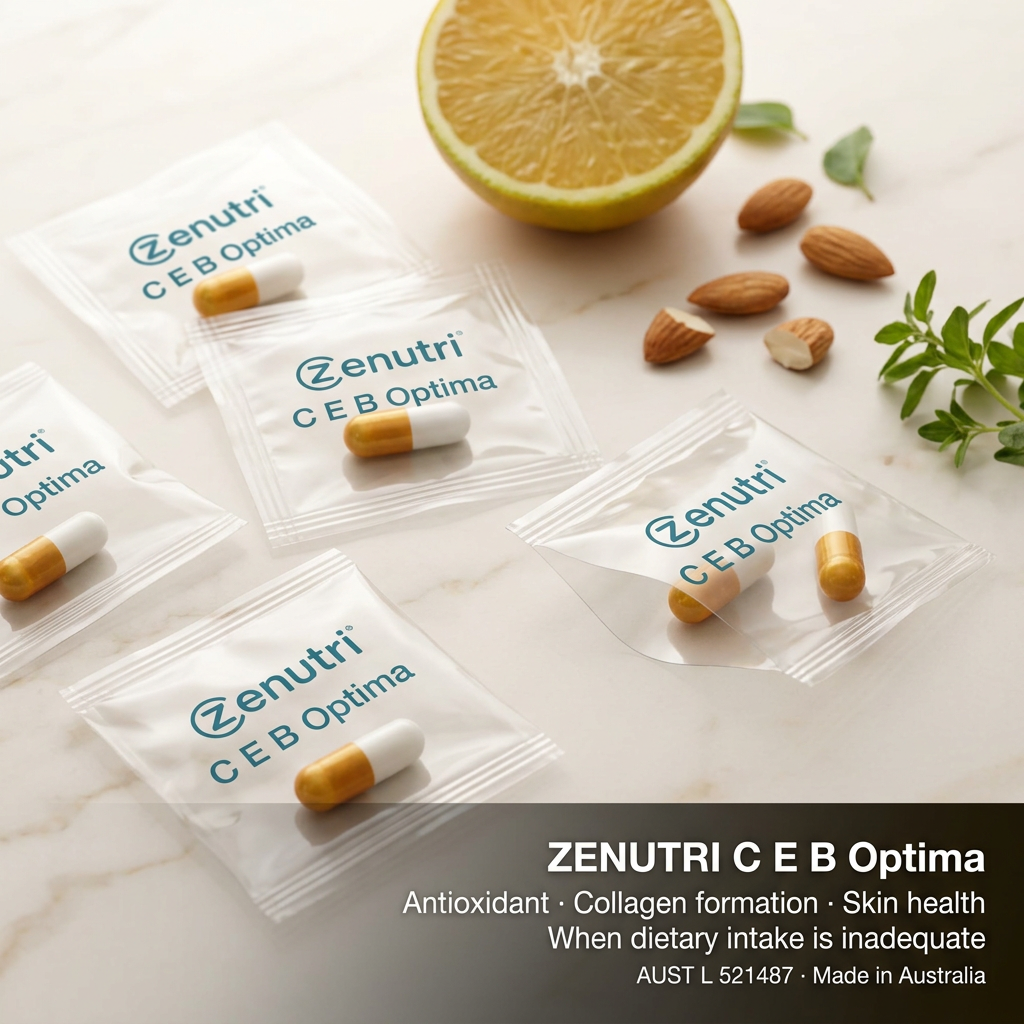 Zenutri C E B Optima daily sealed packs — antioxidant, collagen formation and skin health support when dietary intake is inadequate — AUST L 521487 — Made in Australia