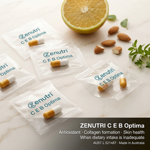 Zenutri C E B Optima daily sealed packs — antioxidant, collagen formation and skin health support when dietary intake is inadequate — AUST L 521487 — Made in Australia