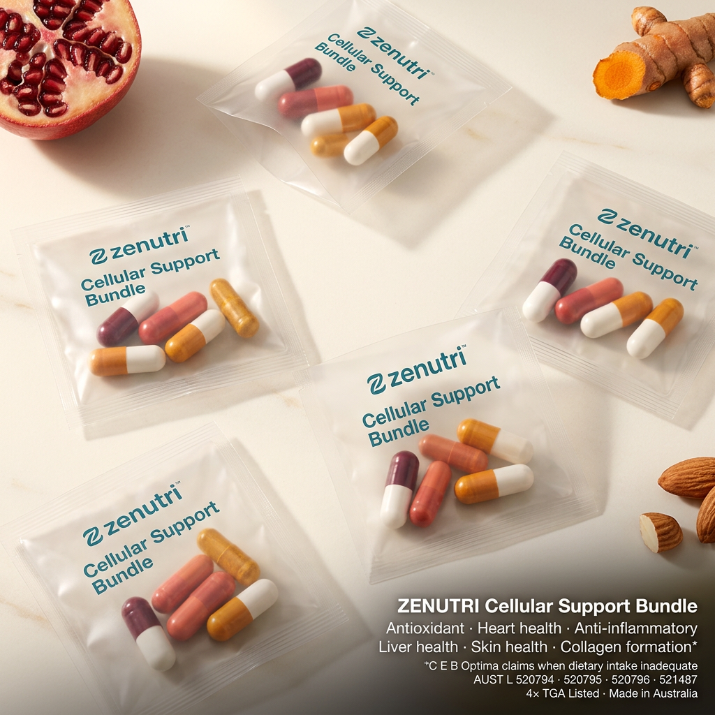 Zenutri Cellular Support Bundle — four daily sealed packs in a morning routine setting — 4× TGA Listed — Made in Australia