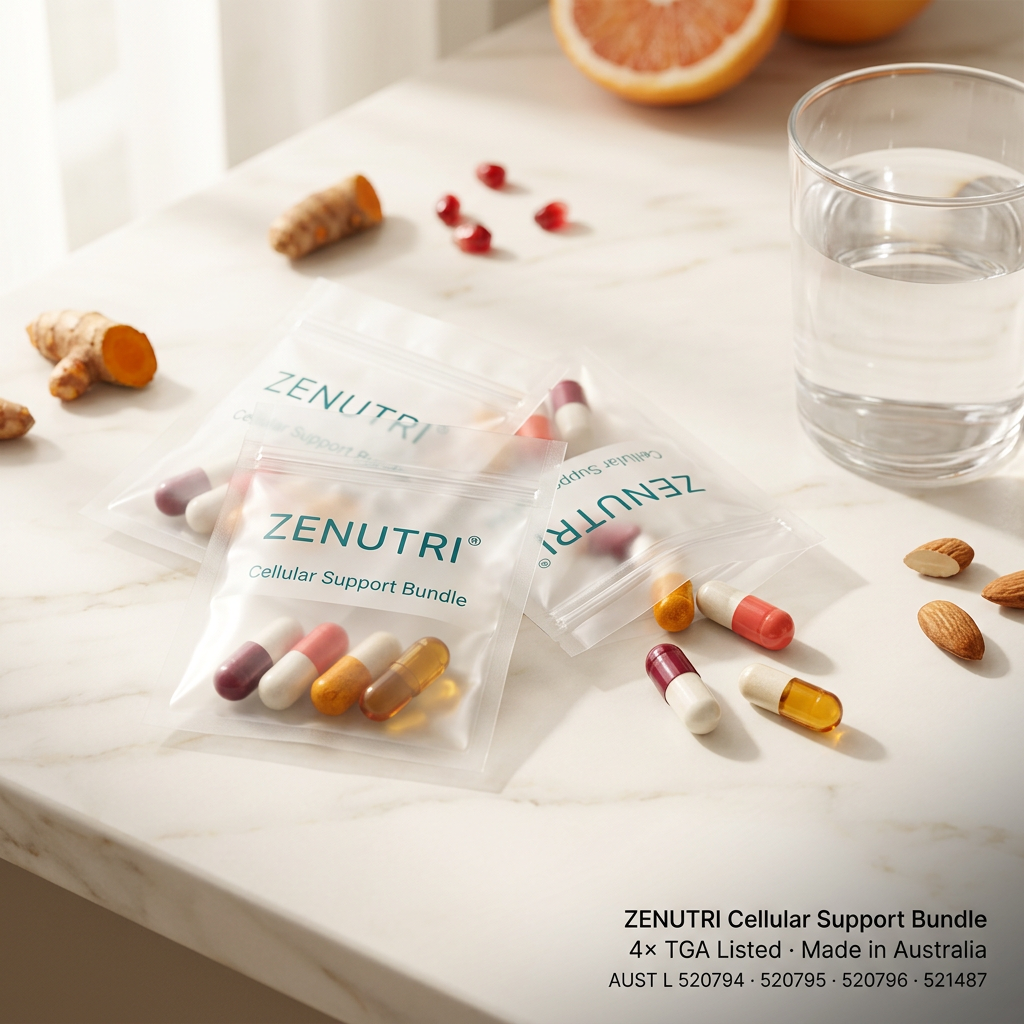 Zenutri Cellular Support Bundle — four daily sealed packs — antioxidant, heart health, inflammation relief, liver health and skin health support — AUST L 520794, 520795, 520796, 521487 — Made in Australia