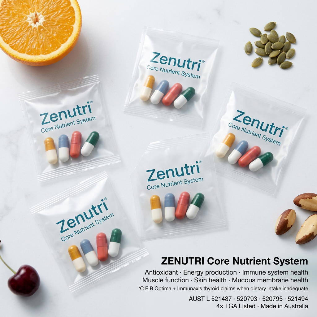 Zenutri Core Nutrient System — four daily sealed packs in a fresh morning routine setting — 4× TGA Listed — Made in Australia