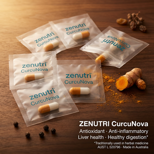 Zenutri CurcuNova daily sealed packs — antioxidant, anti-inflammatory, liver health and healthy digestion support — AUST L 520796 — Made in Australia