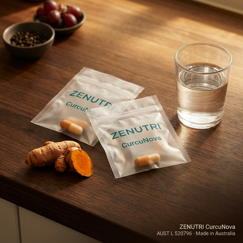 Zenutri CurcuNova daily sealed pack with turmeric root in a morning setting — AUST L 520796 — Made in Australia