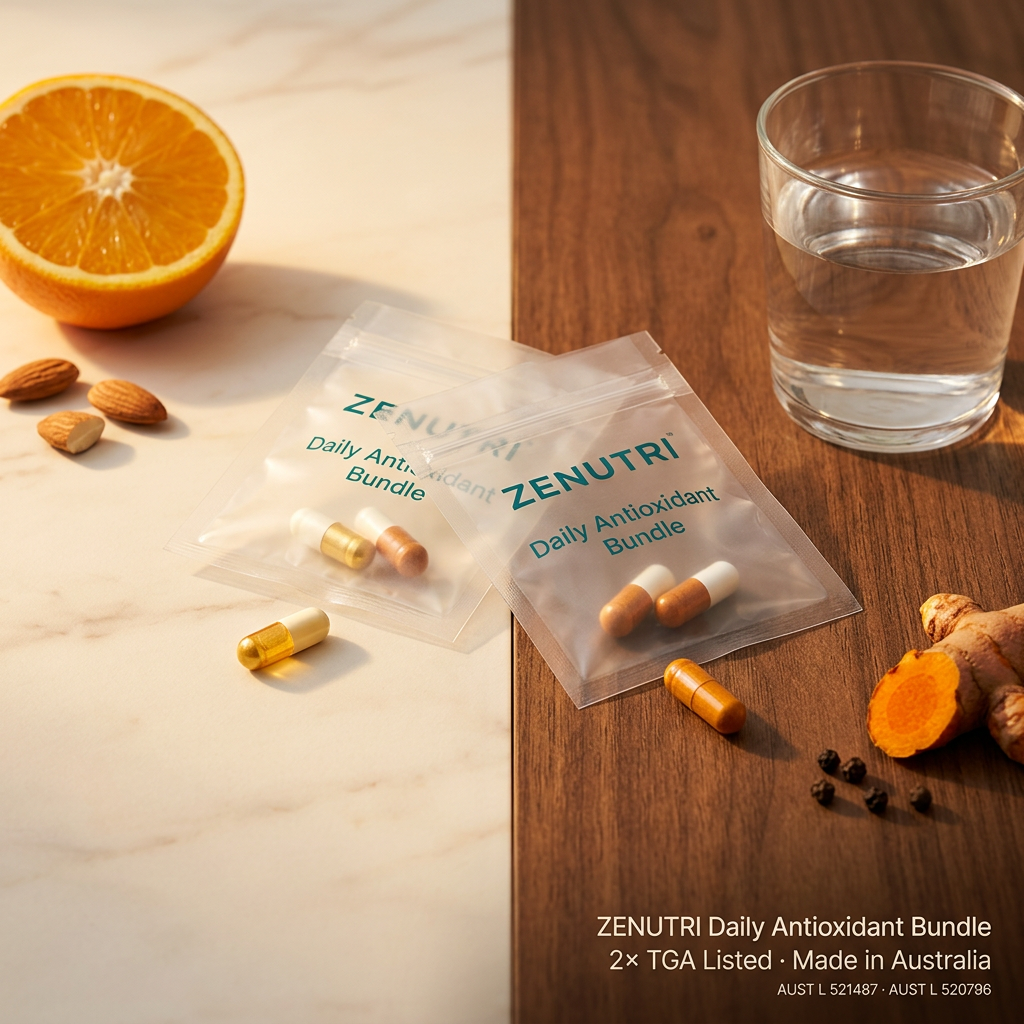 Zenutri Daily Antioxidant Bundle daily sealed packs on a warm split ivory and timber surface — AUST L 521487, 520796 — Made in Australia