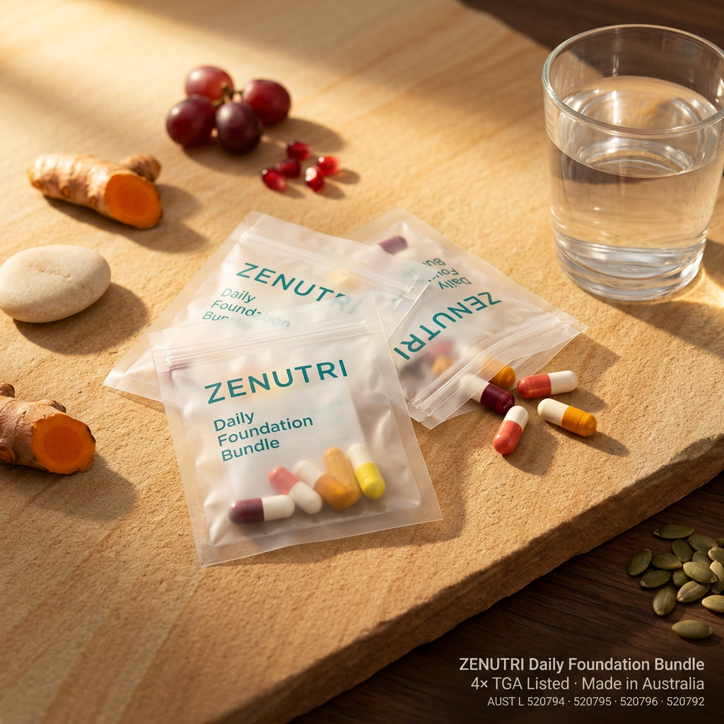 Zenutri Daily Foundation Bundle — four daily sealed packs in a warm grounded morning setting — 4× TGA Listed — Made in Australia