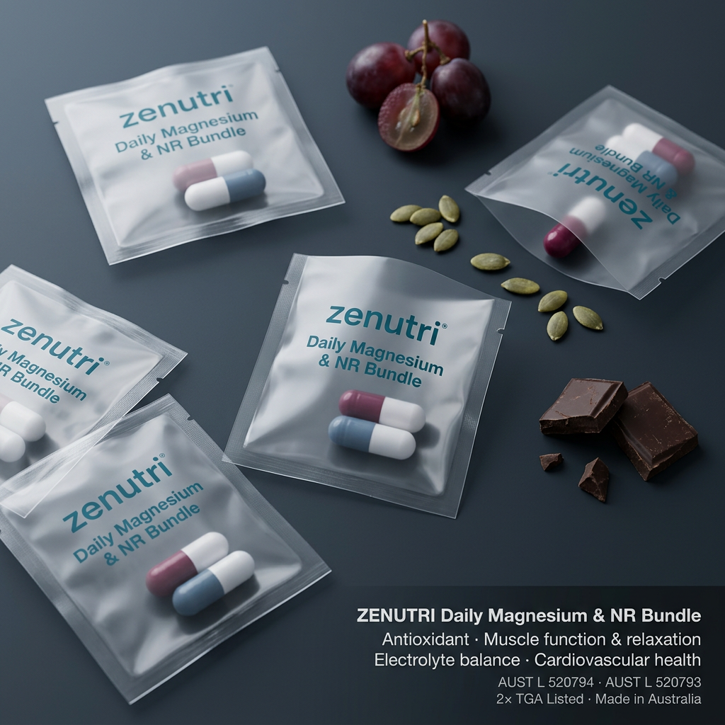 Zenutri Daily Magnesium & NR Bundle — daily sealed packs — antioxidant, muscle function, electrolyte balance and cardiovascular health support — AUST L 520794, 520793 — Made in Australia