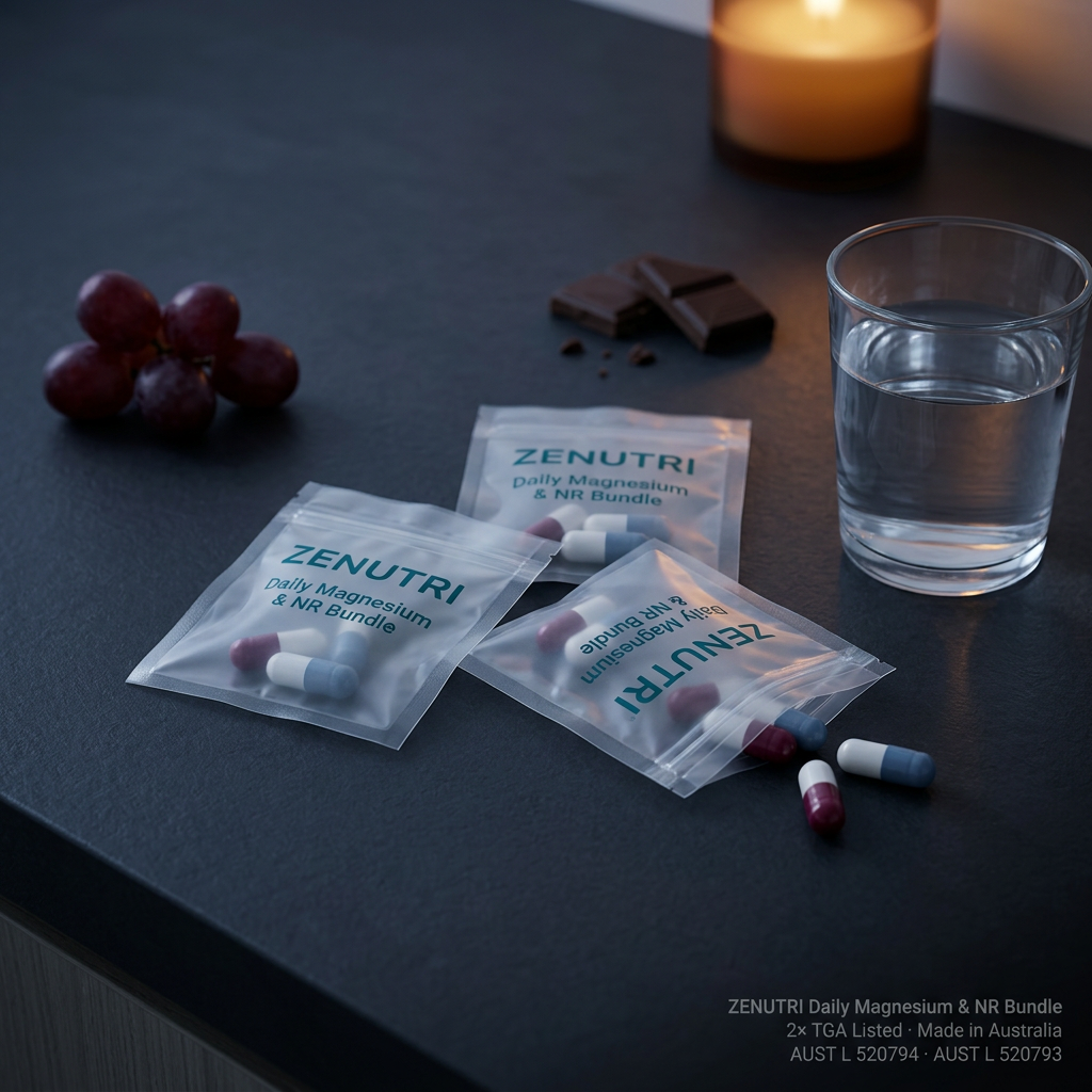 Zenutri Daily Magnesium & NR Bundle daily sealed packs in a calm evening setting — AUST L 520794, 520793 — Made in Australia