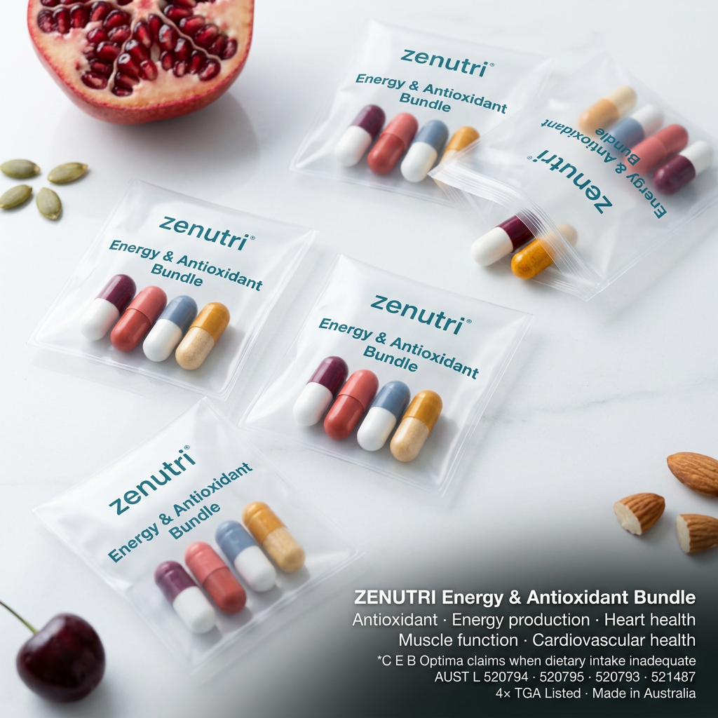 Zenutri Energy & Antioxidant Bundle — four daily sealed packs — antioxidant, energy production, heart health, muscle function and cardiovascular system health support — AUST L 520794, 520795, 520793, 521487 — Made in Australia