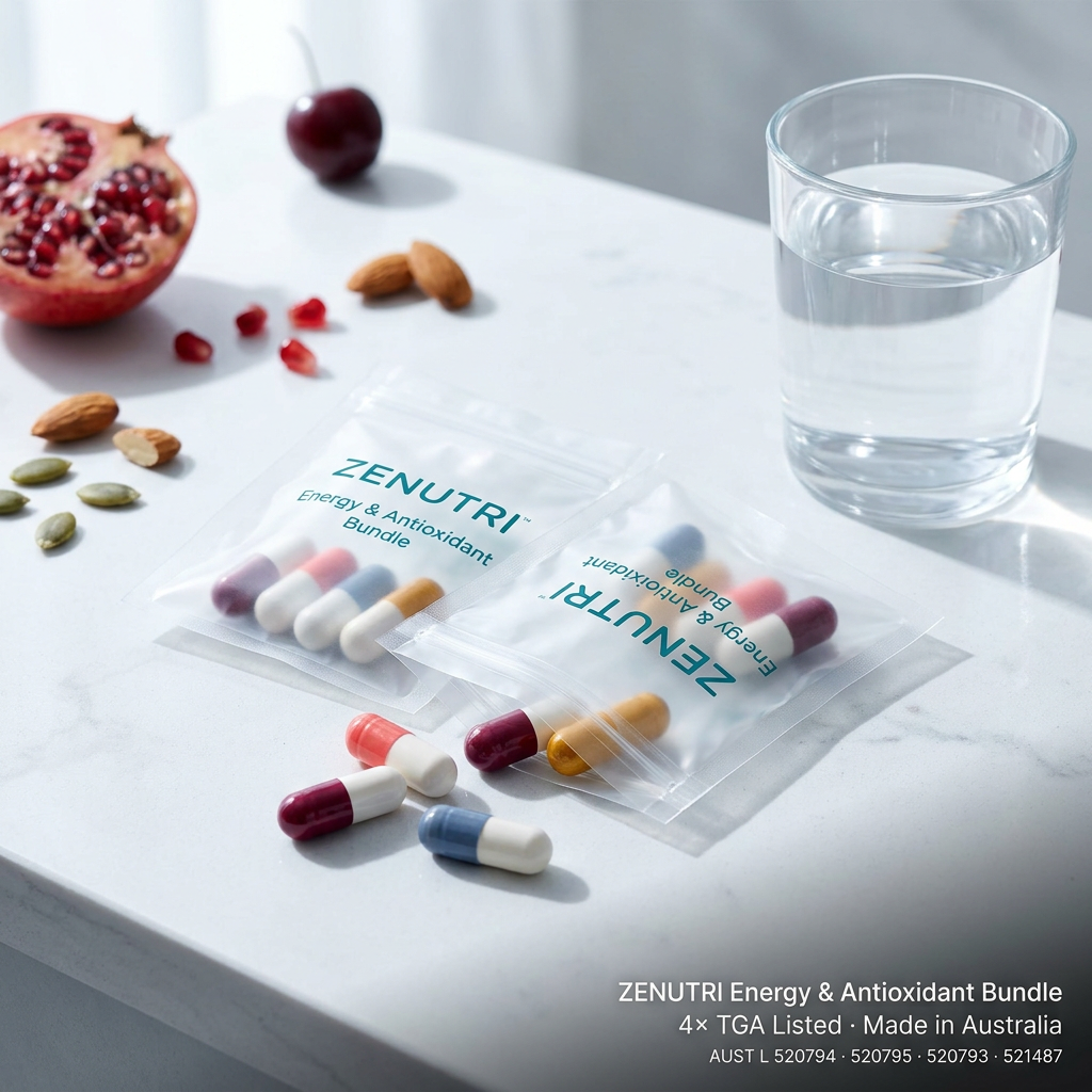 Zenutri Energy & Antioxidant Bundle — four daily sealed packs in a bright energised morning setting — 4× TGA Listed — Made in Australia