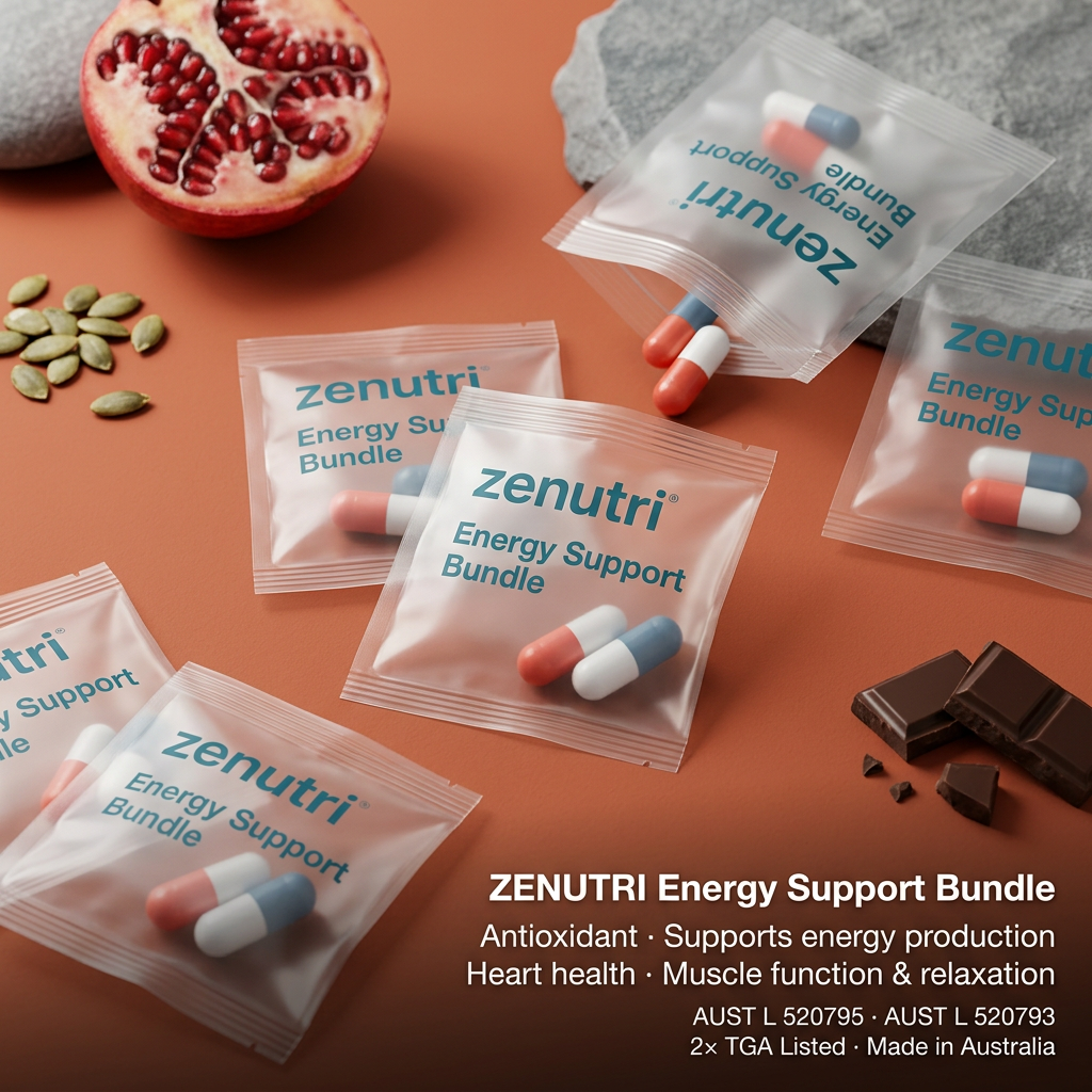 Zenutri Energy Support Bundle — daily sealed packs — antioxidant, energy production, heart health, muscle function and cardiovascular system health support — AUST L 520795, 520793 — Made in Australia