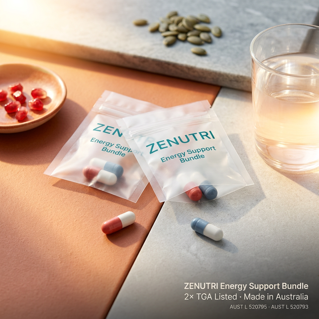 Zenutri Energy Support Bundle daily sealed packs in an energised morning setting — AUST L 520795, 520793 — Made in Australia