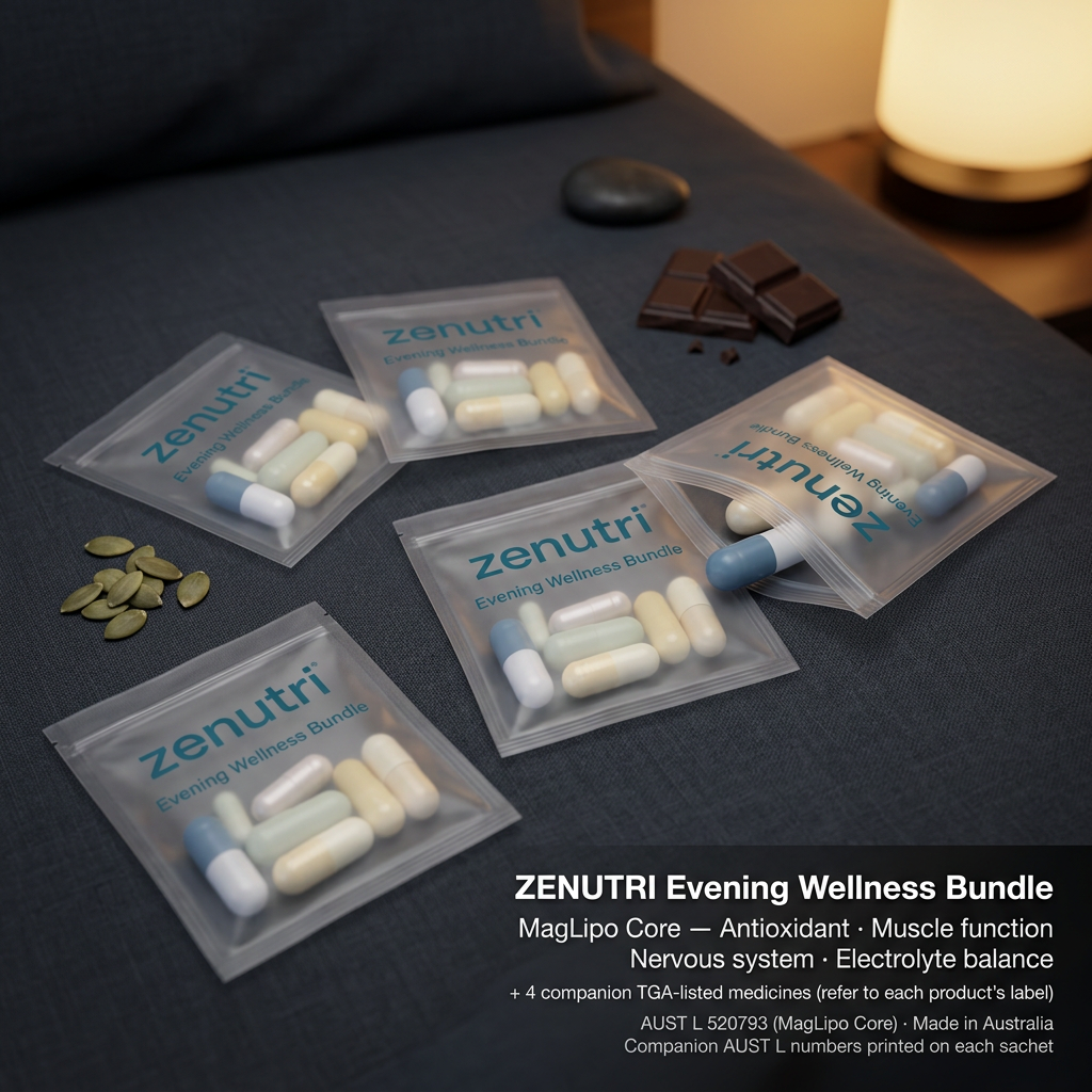Zenutri Evening Wellness Bundle — daily sealed packs — MagLipo Core antioxidant, muscle function, nervous system and electrolyte balance support — AUST L 520793 — Made in Australia