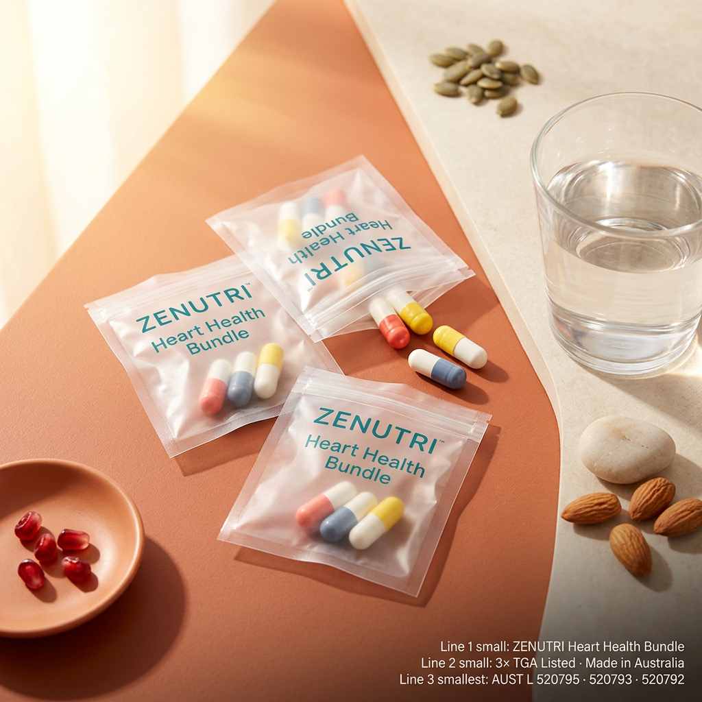 Zenutri Heart Health Bundle daily sealed packs in a vivid warm morning setting — 3× TGA Listed — Made in Australia