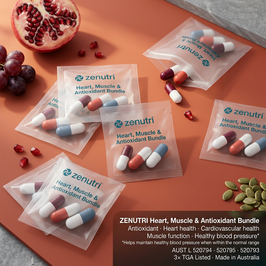 Zenutri Heart, Muscle & Antioxidant Bundle — daily sealed packs — antioxidant, heart health, cardiovascular system health, muscle function and healthy blood pressure support — AUST L 520794, 520795, 520793 — Made in Australia