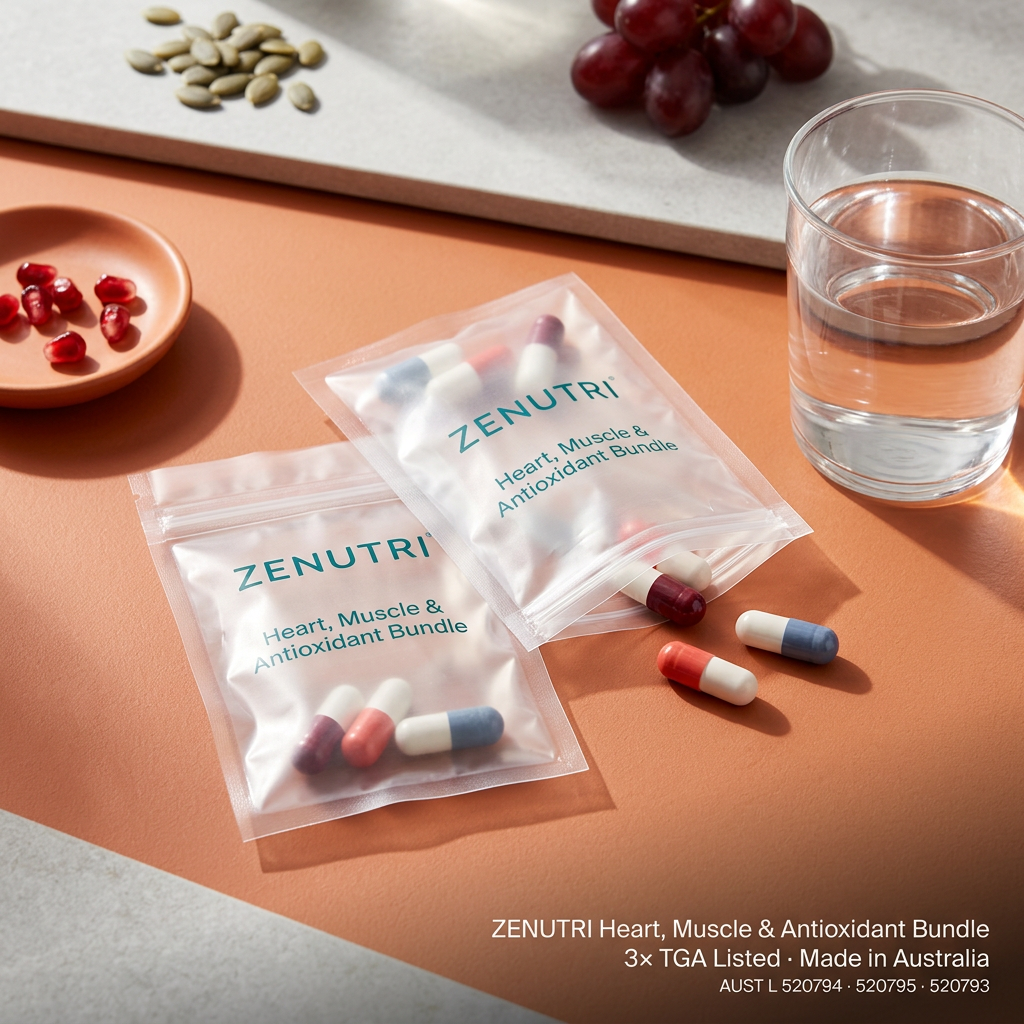 Zenutri Heart, Muscle & Antioxidant Bundle daily sealed packs in a warm energised morning setting — 3× TGA Listed — Made in Australia