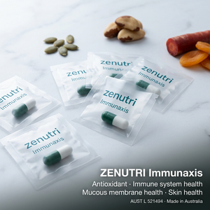 Zenutri Immunaxis daily sealed packs — antioxidant, immune system health, mucous membrane health and skin support — AUST L 521494 — Made in Australia