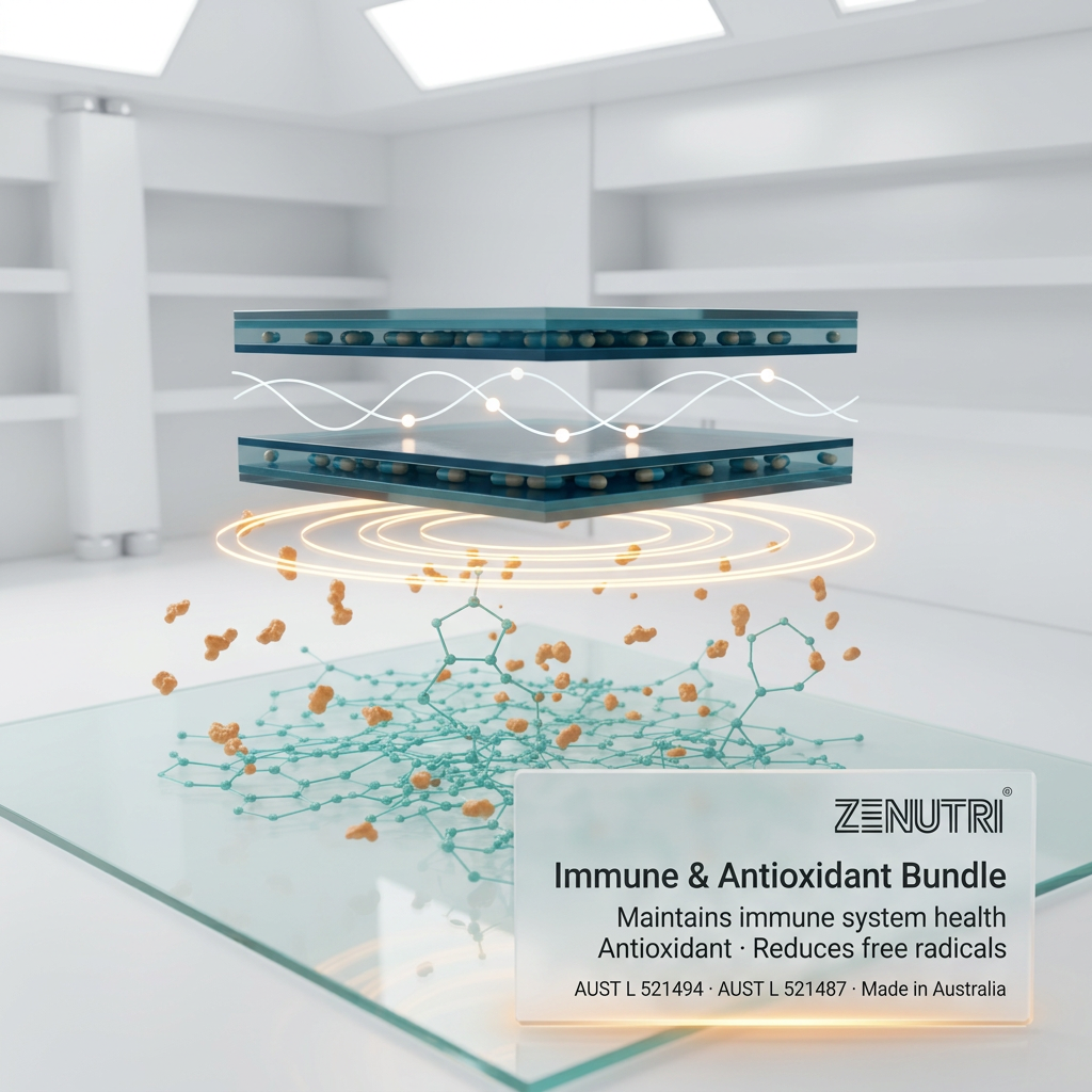 Zenutri Immune & Antioxidant Bundle — molecular 
science visual — maintains immune system health, 
antioxidant, reduces free radicals — 
AUST L 521494, 521487 — Made in Australia — alternate view
