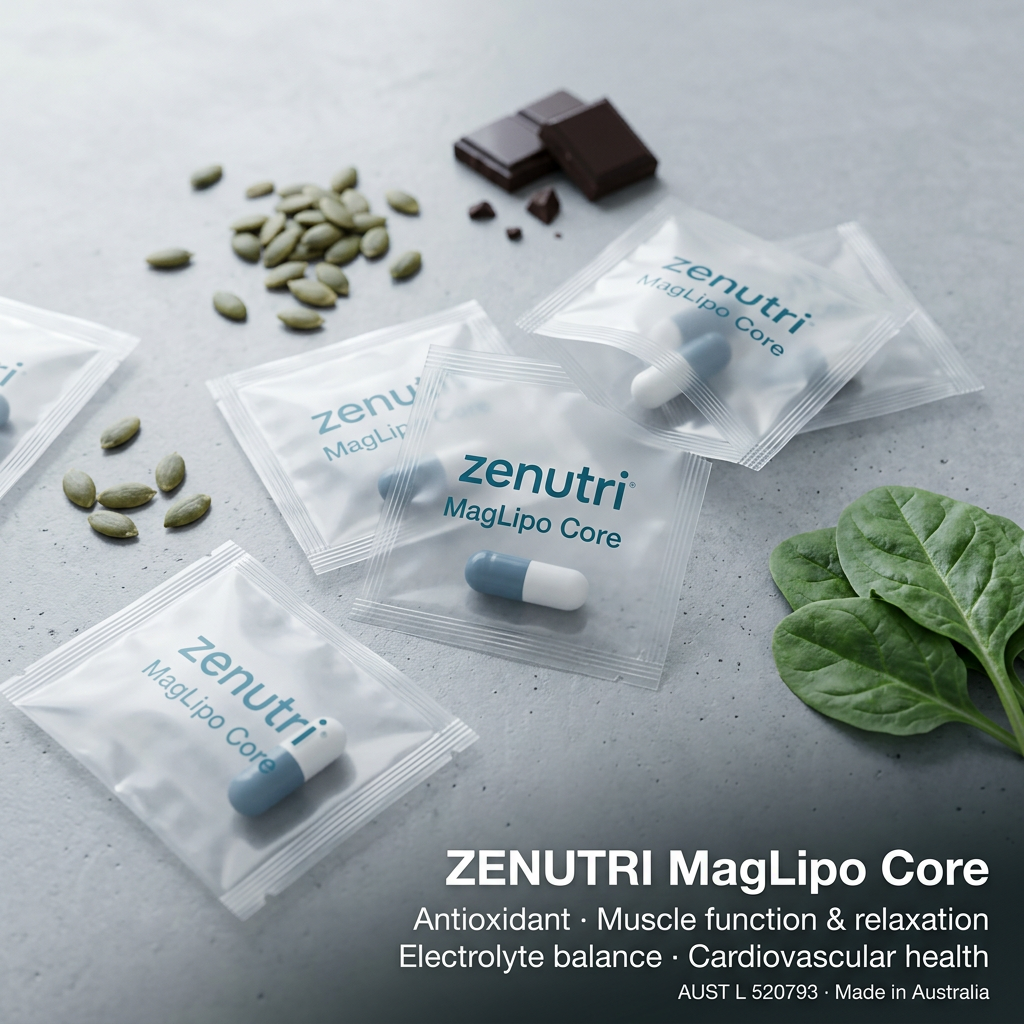 Zenutri MagLipo Core daily sealed packs — antioxidant, muscle function, electrolyte balance and cardiovascular health support — AUST L 520793 — Made in Australia