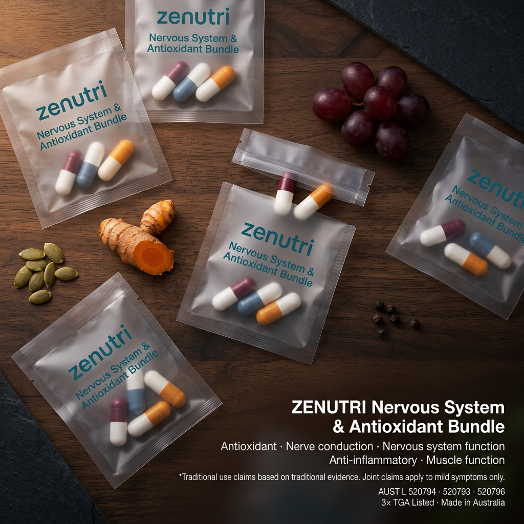 Zenutri Nervous System & Antioxidant Bundle — daily sealed packs — antioxidant, nerve conduction, nervous system function, muscle function and anti-inflammatory support — AUST L 520794, 520793, 520796 — Made in Australia