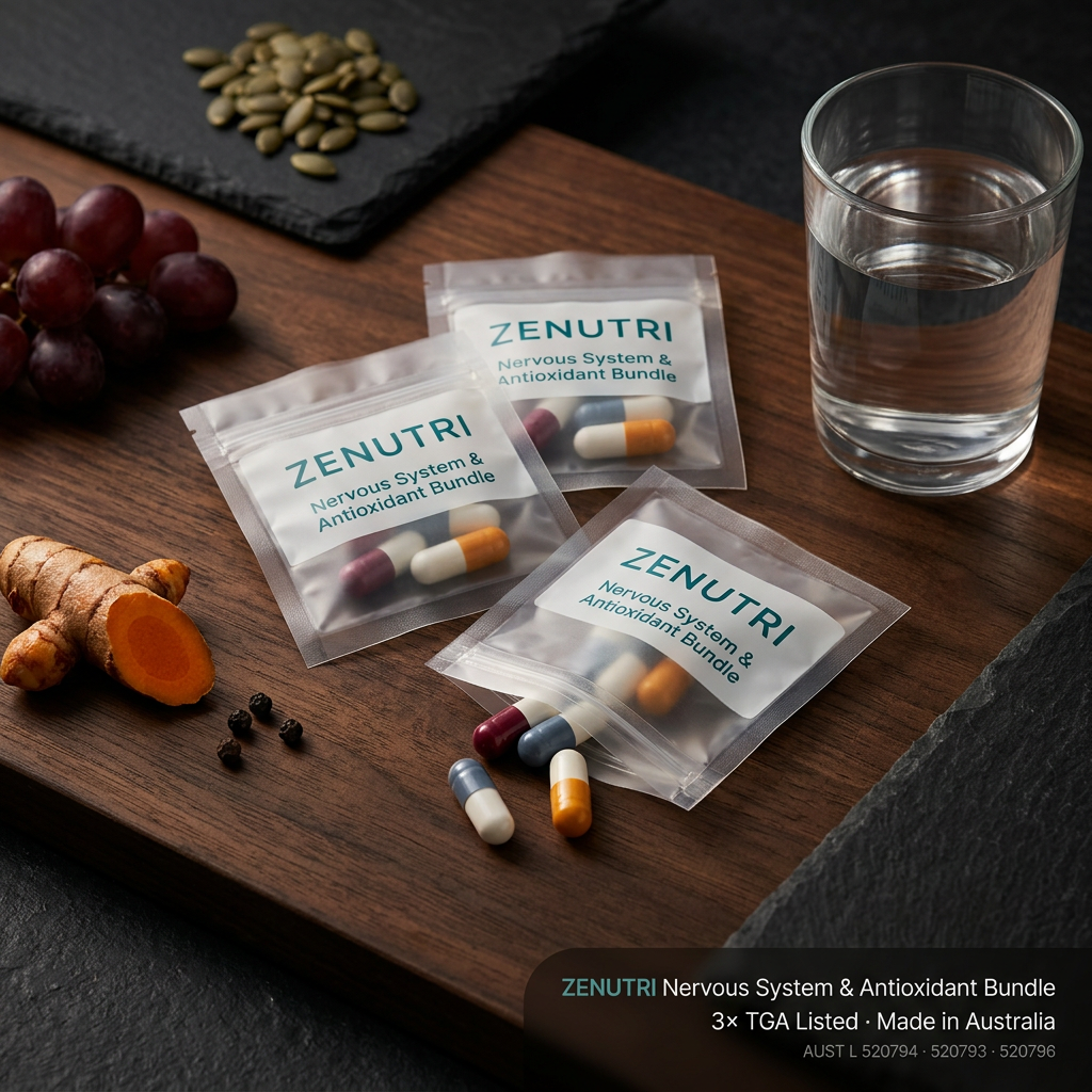 enutri Nervous System & Antioxidant Bundle daily sealed packs on a dark warm surface — 3× TGA Listed — Made in Australia